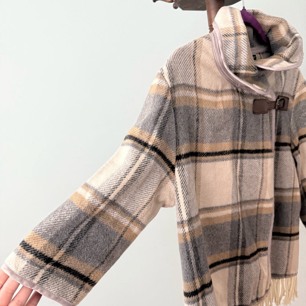 NWOT For Cynthia Plaid Fringe Jacket Coat L 3/4 Sleeve Buckle Snap Button Sz L - Picture 7 of 11